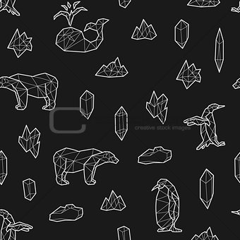 Seamless black and white kids tribal vector pattern with whales, penguins, polar bears and ice floes.