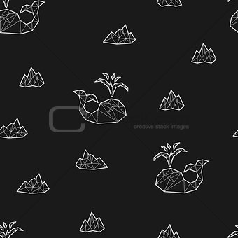 Seamless black and white kids tribal vector pattern with whales and low-poly crystals.