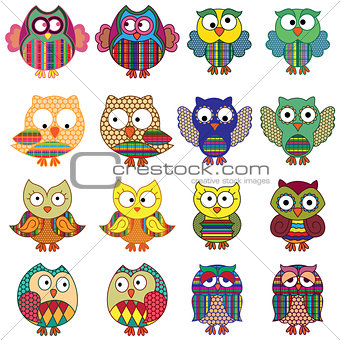 Sixteen cartoon ornate funny owls