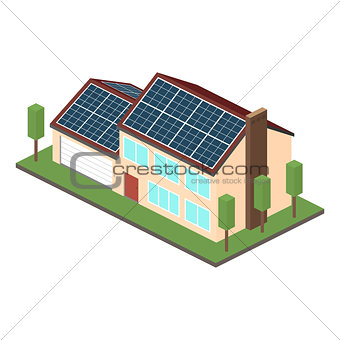 Icon isometric house with solar panels.