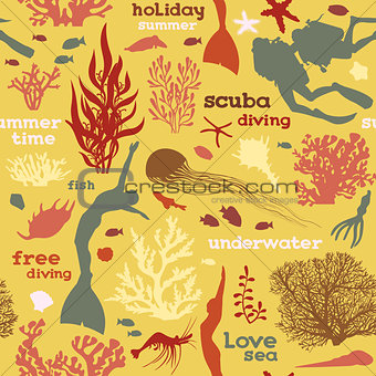 Seamless pattern with divers and corals.