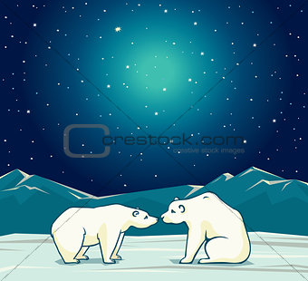Two polar bear and night starry sky.