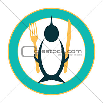 Funny icon of a penguin on a plate