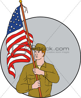 American Soldier Holding USA Flag Circle Drawing