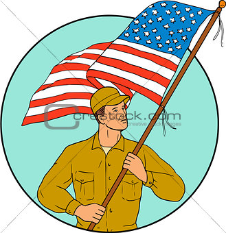 American Soldier Waving USA Flag Circle Drawing