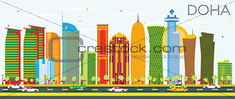 Doha Skyline with Color Buildings and Blue Sky.