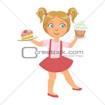 Little girl carring a piece of cake and a capcake in her hands, a colorful character