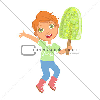 Smiling boy holding a big green fruit ice cream, a colorful character