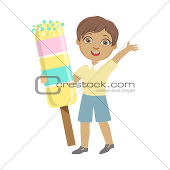 Happy little boy holding a huge ice cream, a colorful character