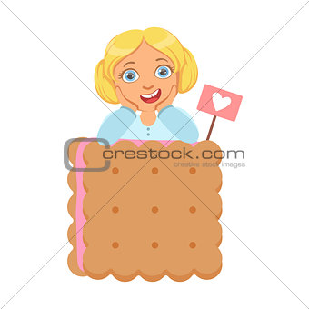 Smiling little girl with a huge biscuit, a colorful character