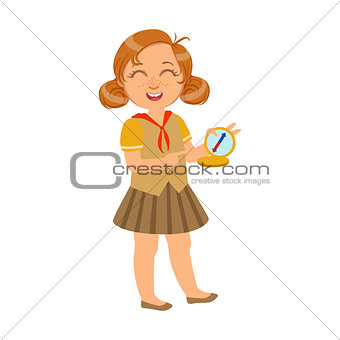 Happy and laughing scout girl with a compass, a colorful character