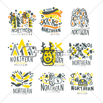 Nothern set for label design. Winter vacations, sports, active lifestyle, hunting colorful vector Illustrations