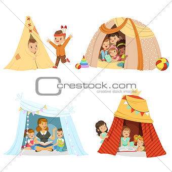 Cute little children playing and sitting in a tent teepee, set for label design. Cartoon detailed colorful Illustrations