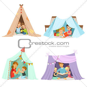 Cute little children playing with a teepee tent, set for label design. Cartoon detailed colorful Illustrations