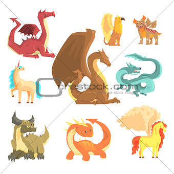 Mythological animals, set for label design. Dragon, unicorn, pegasus, griffin, cartoon detailed Illustrations