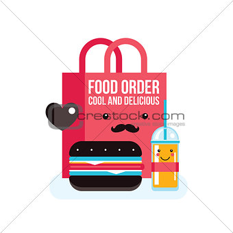 Delicious hamburger juice and bag Food order concept banner