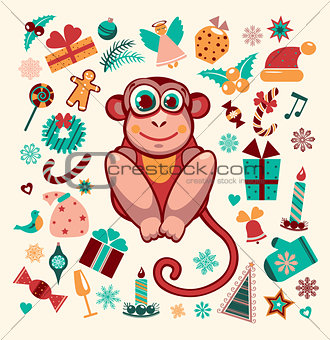 Cartoon monkey and element of new year