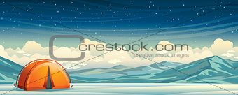 Winter landscape - travel tent and mountains at night sky.