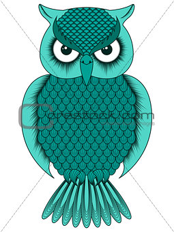 Big turquoise cartoon ornate owl