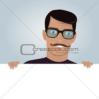 Cartoon man and blank paper for web site, user interface, mobile app. Peeking from top side of a white copy space.