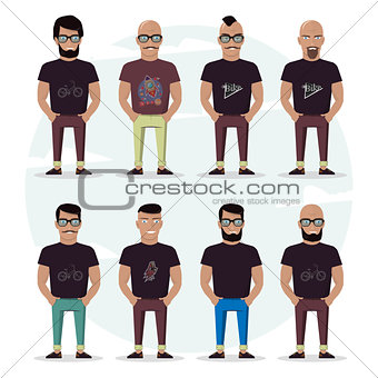 Character mens set on a white background. People with a beard, bald, with a mustache and glasses. Stylish high detailed graphic. Cartoon male.