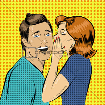 Vector illustration in pop art style woman whisper to a man