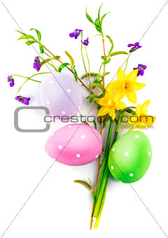 Easter eggs spring flower narcissus  top view 