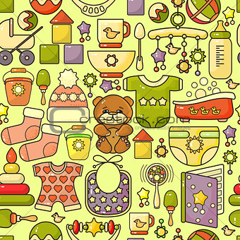 Vector seamless pattern. Cute baby accessory,  toy, wear.