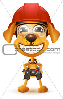Labor day. Yellow dog builder in protective helmet smile