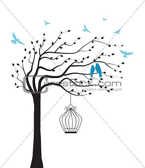 Tree with bird and cage