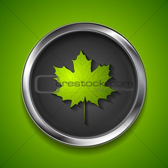 Green summer maple leaf on metal button