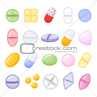 Set of different isolated, colorful pills, cartoon style vector illustration