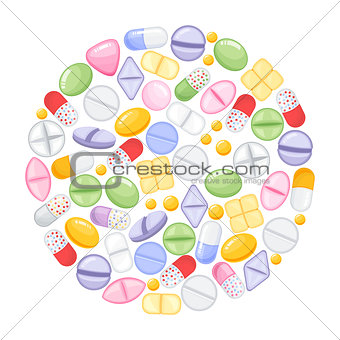 Different colorful medical pills capsules and tablets in round design. Medications collection. vector illustration in flat style.