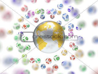 3d illustration of lottery balls and world