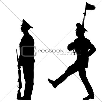Black set silhouette soldier is marching with arms on parade