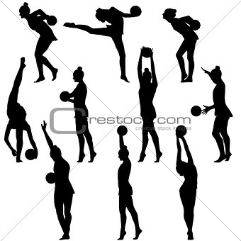 Silhouette girl gymnast with the ball. Vector illustration