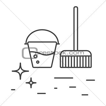 Cleaning tools bucket and mop line icons.
