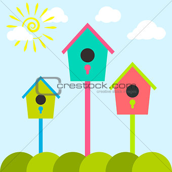 Nesting box cartoon set. Meadow with colorful bird houses.