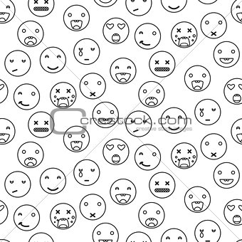 Outline round smile emoji seamless pattern. Emoticon icon linear style vector.
