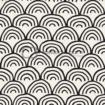 Monochrome minimalistic seamless pattern with arcs. Simple hand drawn texture. Vector background with rounded inky lines