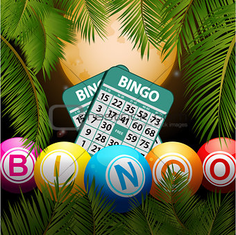Bingo balls and cards over moon and palm trees