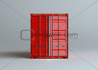 Open red cargo container with light inside