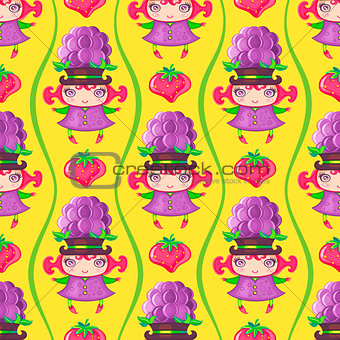 Seamless colorful pattern with Blackberry fruit girl. Vector background