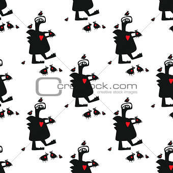 Seamless pattern: monster and birds.