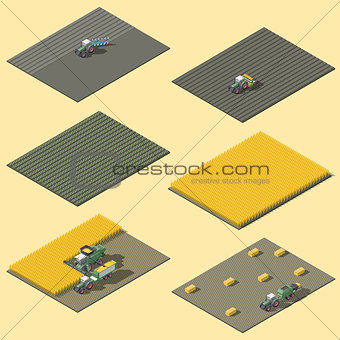 Infographic elements representing field work of agricultural machinery isometric icon set