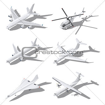 Various passenger aircraft isometric icon set