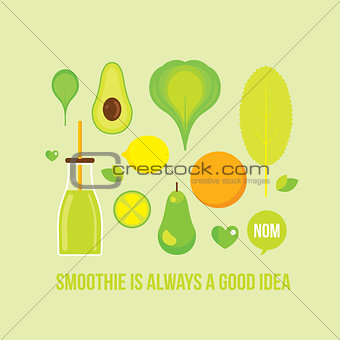 Vegetables Fruits Greens Bottle with smoothie juice Healthy food concept