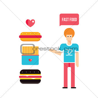Young man and Fast food icons set