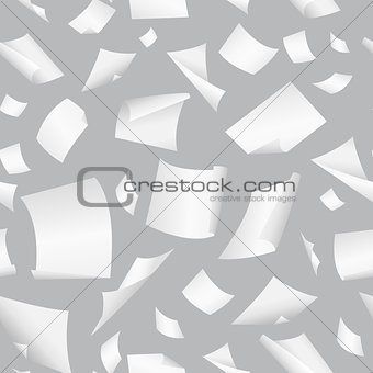 Background with flight paper, illustration of clear chaotic paper.Seamless vector background with flying, falling, scattered office white paper sheets, documents.