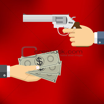 Hand holding pistol and hand giving money.